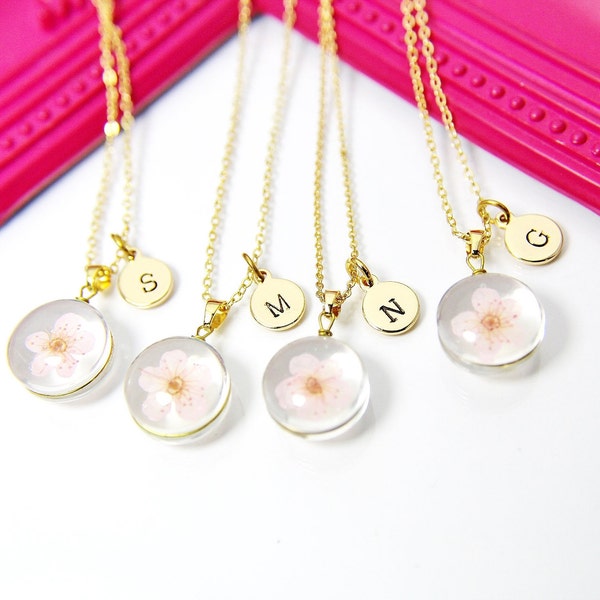 Rose Gold or Gold Cherry Blossom Necklace, Real Dried Press Flower, Sakura, Japanese Girlfriend Gift, N3162