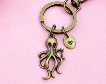 Bronze Octopus Charm Keychain, Silver in Option, Ocean Sea Fish Charm, N2573