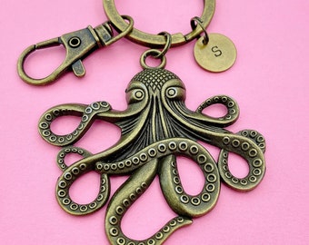 Bronze Octopus Keychain Personalized Customized Monogram Made to Order Jewelry, N5428