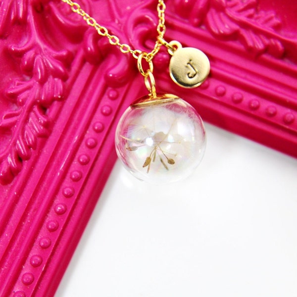 Gold Dandelion Necklace, Wish Dandelion , Birthday Gifts, Terrarium Jewelry, Pressed Flowers Jewelry, Gardening Gift, N3606