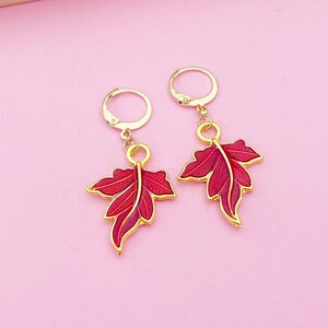 Gold Red Maple Leaf Charm Earrings, N3169 image 3