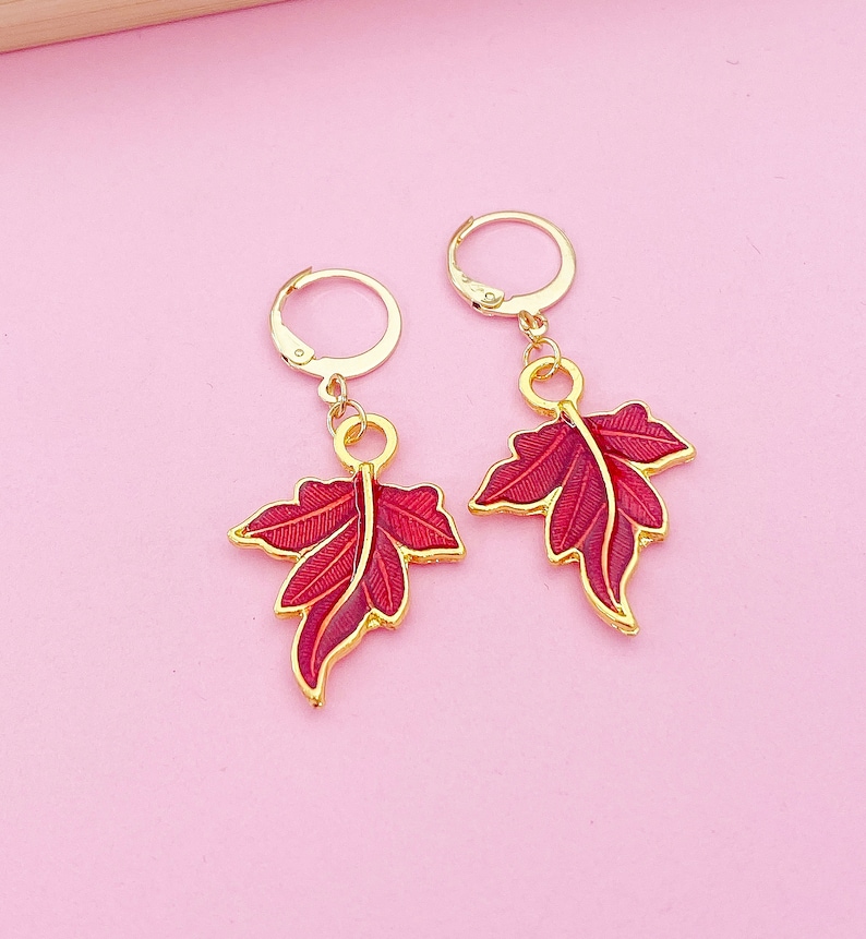 Gold Red Maple Leaf Charm Earrings, N3169 image 3