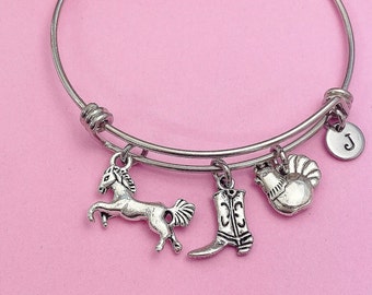 Silver Horse Chicken Boots Charm Bracelet Equine Farmer Veterinarian Gifts Ideas Personalized Customized Made to Order, N5551