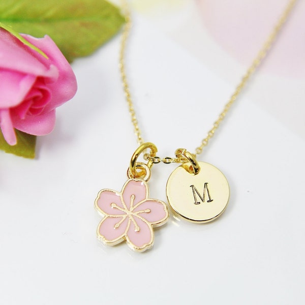 Gold Cherry Blossom Charm Necklace, Pink Japanese Peach Blossom Flower, Hand Stamp Personalized Initial Gift, N2192