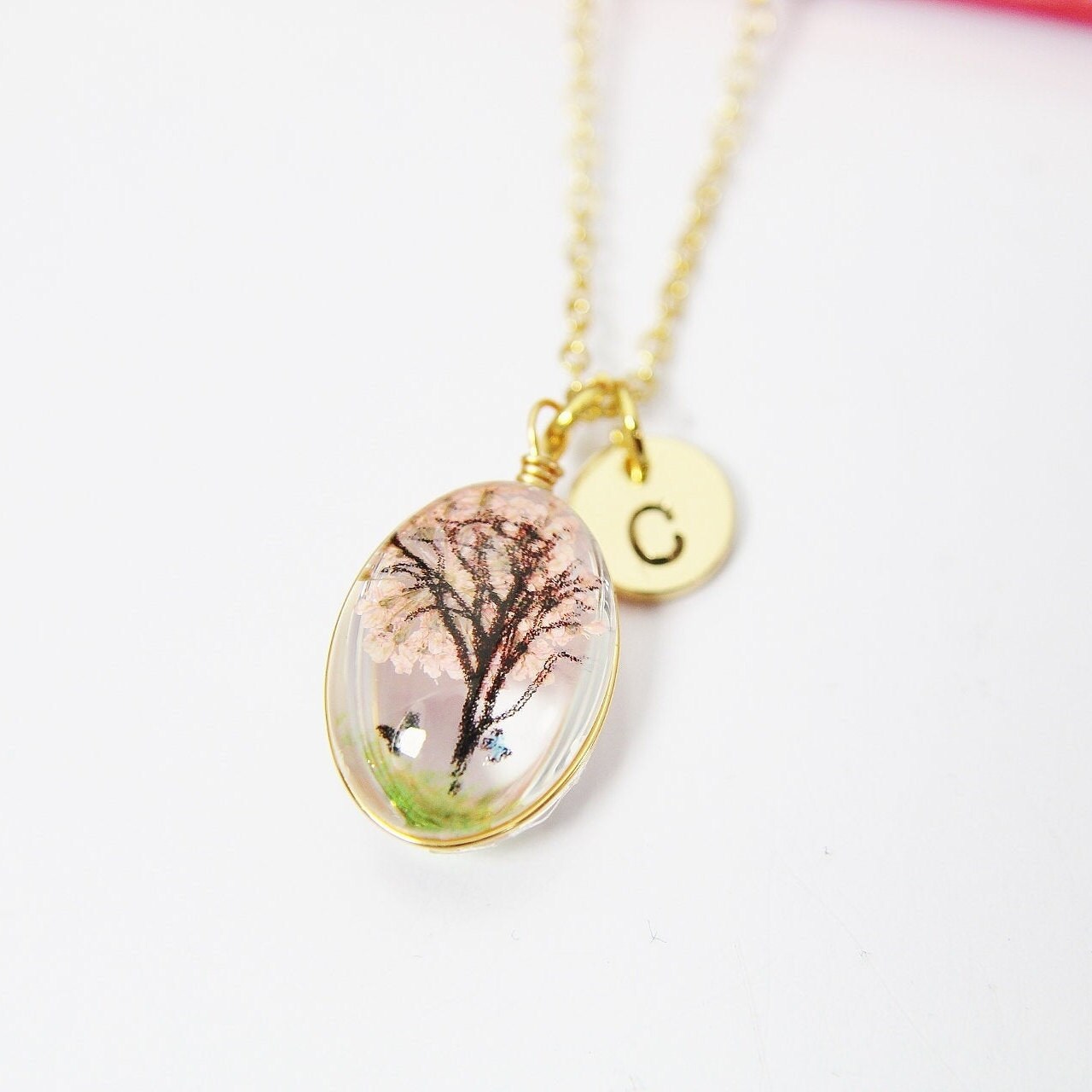 Best Christmas Gift for Mom, Grandmother, Great Grandma, Aunt, Gold Tree with Pink Real Pressed Flower and Butterfly Personalized Gift N2957