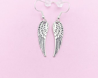 Silver Angel Wing Dangle Earrings, Stainless Steel Hooks