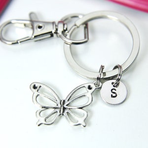 Silver Butterfly Charm Keychain, Insect Bug Charm, Mother Daughter Gift, Gardening Gift, Personalized Custom Monogram, N2329