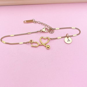 Gold or Silver Stethoscopes Heart Charm Bracelet Doctor Nurse Medical School Student Gift Idea Personalized Jewelry, BN1002