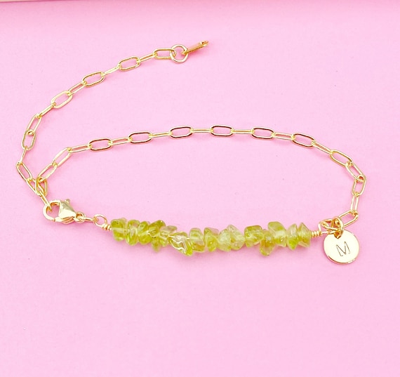 Gold Peridot Bracelet Natural Gemstone Wedding Bridesmaid August Birthday  Gifts Ideas Personalized Customized, N3980