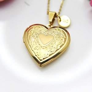 Best Valentine Gift, Best Christmas Gift, Gold Heart Flower Locket Pendant Necklace, Love Necklace, Keepsake Photo Frame Charm,  N3842