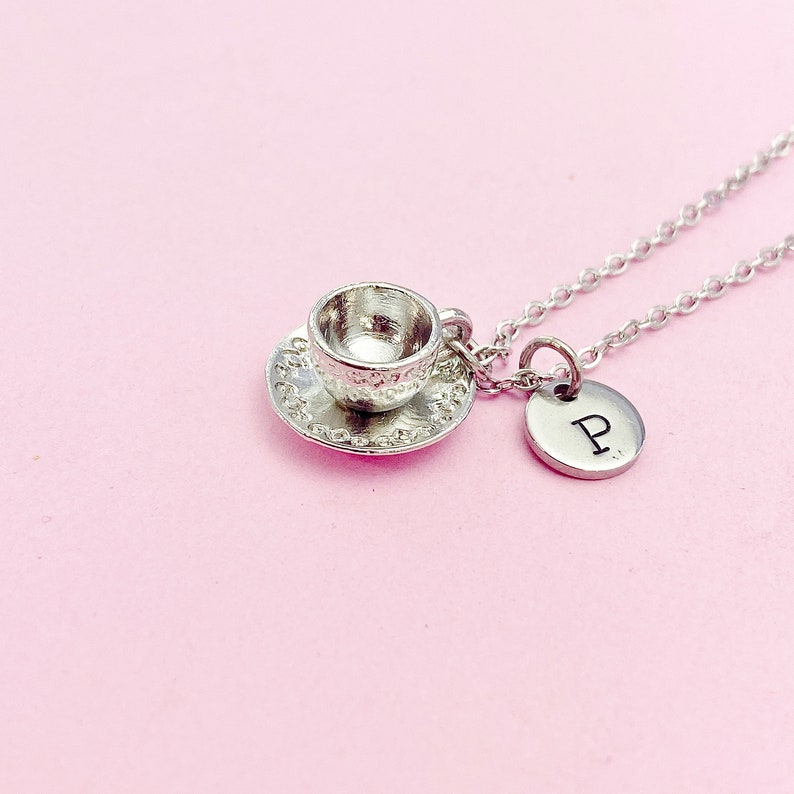 Cup and Saucer Teacup Necklace in Silver, Tea Party Gift, N811 image 4