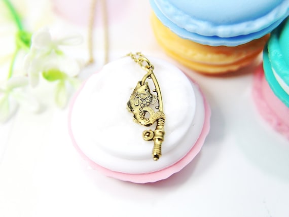 Gold Fishing Rod Charm Necklace, Fish Necklace, Animal, Best