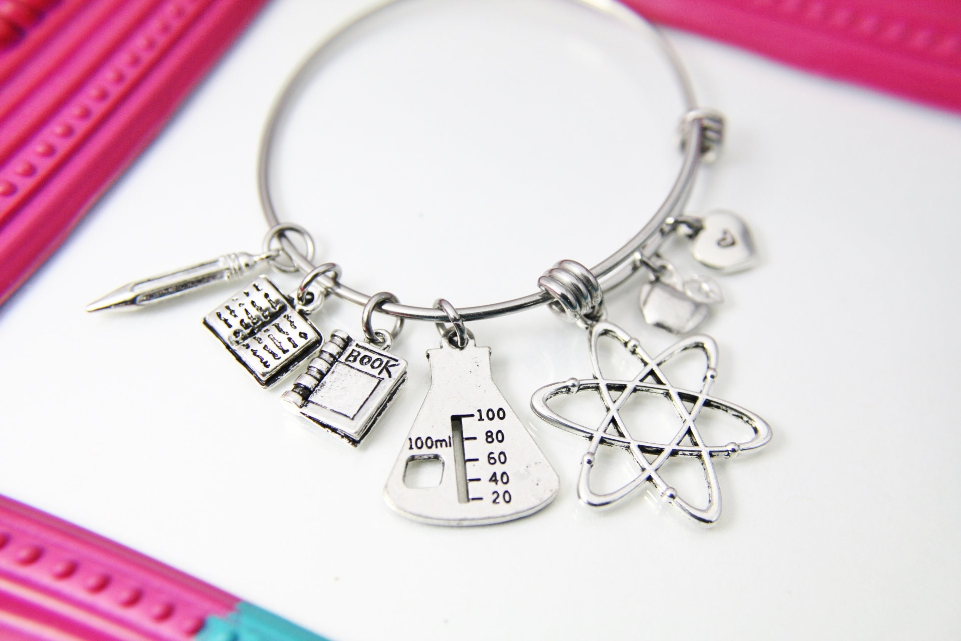 Science Teacher Bracelet Atom Charm Beaker Charm Apple Etsy UK