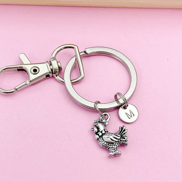 Chicken Keychain Farmer Keychain Farmer Gift Silver Chicken Charm Hen Charm Chicken Lover Gift Personalized Initial Keychain Initial Charm