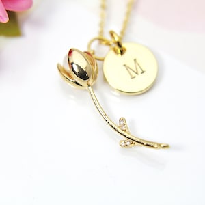Gold Tulip Charm Necklace, 18K Gold Plated Flower Tulip Charm, Hand Stamp Personalized Initial or Zodiac Constellations Gift N2189