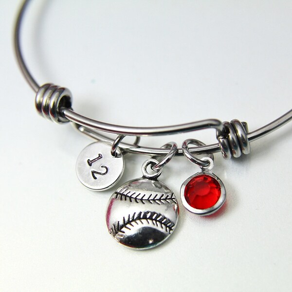 Silver Softball Charm Bracelet, Baseball Charm Bangle, Baseball Charm, Softball Charm, Number Charm, Personalized Gift, Christmas Gift, N571