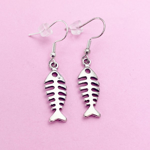 Silver Fishbone Charm Dangle Earrings, Fish Bone Earrings, Silver Dangle Earrings, Fish Bone Charm, Christian Earrings, N565A