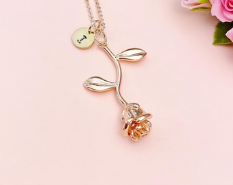Gold Rose Necklace, Initial Charm Necklace, Personalized Floral Pendant, Bridesmaid Gift
