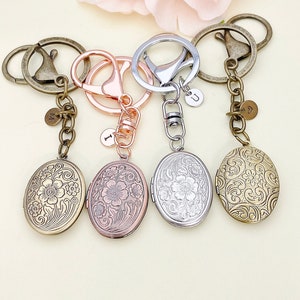 Best Christmas Gift for Mom, Grandmother, Great Grandma, Aunt, Flower Locket, Keepsake Photo Frame, Stainless Steel Initial Keychain, N4922