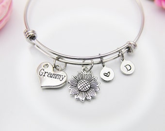 Best Christmas Gift Grammy Bracelet, Silver Sunflower Charm Bangle, Sunflower Charm, Grammy Charm, Grandma Gift, Personalized Gift, N3919