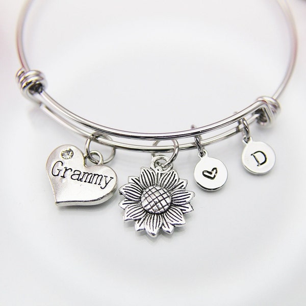 Best Christmas Gift Grammy Bracelet, Silver Sunflower Charm Bangle, Sunflower Charm, Grammy Charm, Grandma Gift, Personalized Gift, N3919