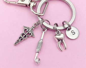 Dentist Keychain Silver Mouth Mirror Molar Tooth Caduceus Charms Orthodontics School Orthodontist Gifts Ideas AN2160