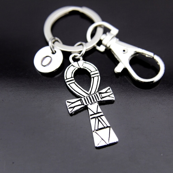 Silver Ankh Cross Charm Keychain, Ankh Cross Pendant, Egyptian Cross Pendant , Personalized Keychain, Initial Charm, Initial Keychain