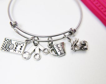 Cook Foodie Chef Bracelet Gift, Silver Cookbook Measuring Cup Sushi Charm Bracelet Necklace Keychain Option, N2146