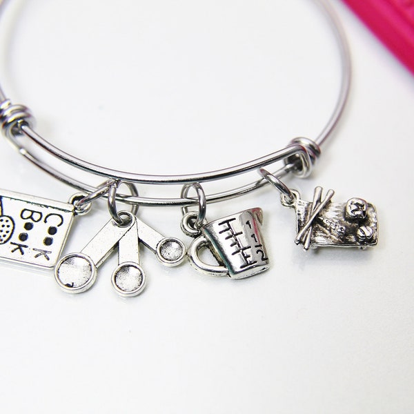 Cook Foodie Chef Bracelet Gift, Silver Cookbook Measuring Cup Sushi Charm Bracelet Necklace Keychain Option, N2146