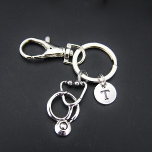 Silver Stethoscope Charm Keychain Silver Stethoscope Charm Personalized Keychain Initial Keychain Charm Monogram Jewelry Customized Jewelry image 1