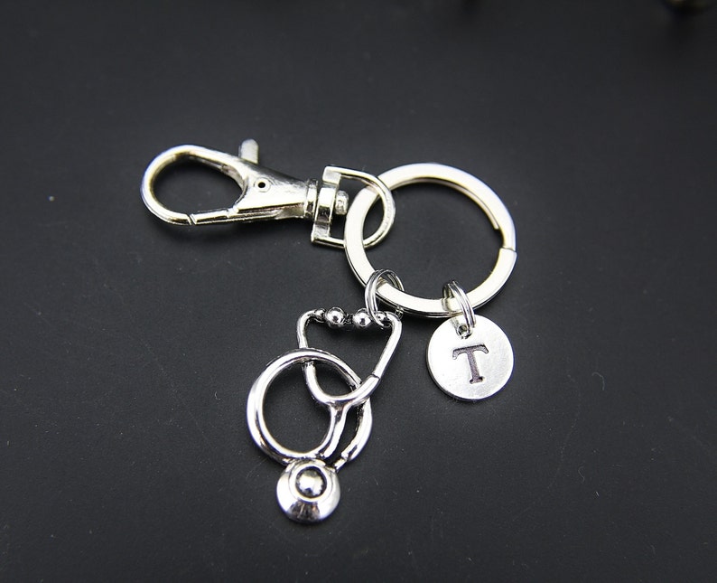 Silver Stethoscope Charm Keychain Silver Stethoscope Charm Personalized Keychain Initial Keychain Charm Monogram Jewelry Customized Jewelry image 1