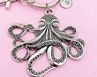 Octopus Keychain, Personalized Initial Charm, Bronze or Silver Tone