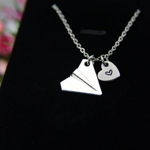 Silver Paper Airplane Necklace, Airplane Charm, Explore Gift, Personalized Initial, N297