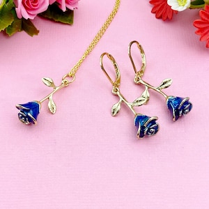 Blue Rose Necklace, Gold Rose Earrings, N3108