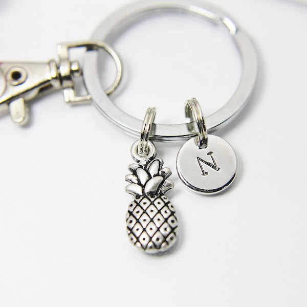 Pineapple Keychain, Silver Pineapple Charm, Pineapple Jewelry Gift, Personalized Initial Gift, N4459