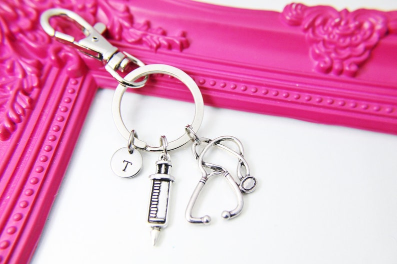 Personalized Gift Silver Syringe Charm Keychain N1593 Stethoscope Charm Keychain Medical School Gift Phlebotomy Phlebotomist Gift