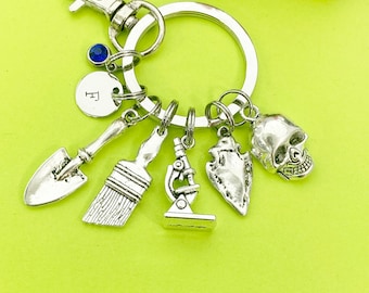 Archaeologists Keychain, Microscope, Brush, Shovel, Arrowhead Personalized Customized Monogram Made to Order Jewelry, N5407