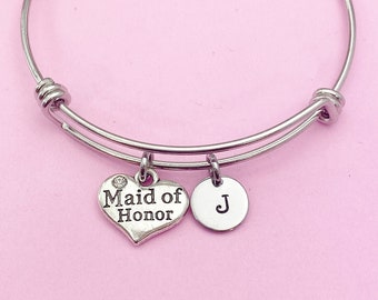 Silver Maid of Honor Charm Bracelet Wedding Gifts Ideas Personalized Customized Monogram Made to Order Jewelry, N5482