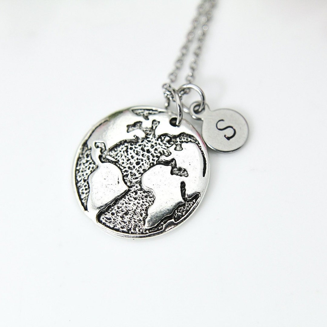 Earth Necklace Silver Globe Charm Necklace World Map Charm Etsy