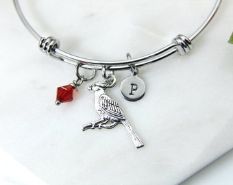 Silver Cardinal Charm Bracelet, Cardinal Bird Charm, Stainless Steel Bangle, Birthstone Jewelry, Personalized Custom Monogram, N1022