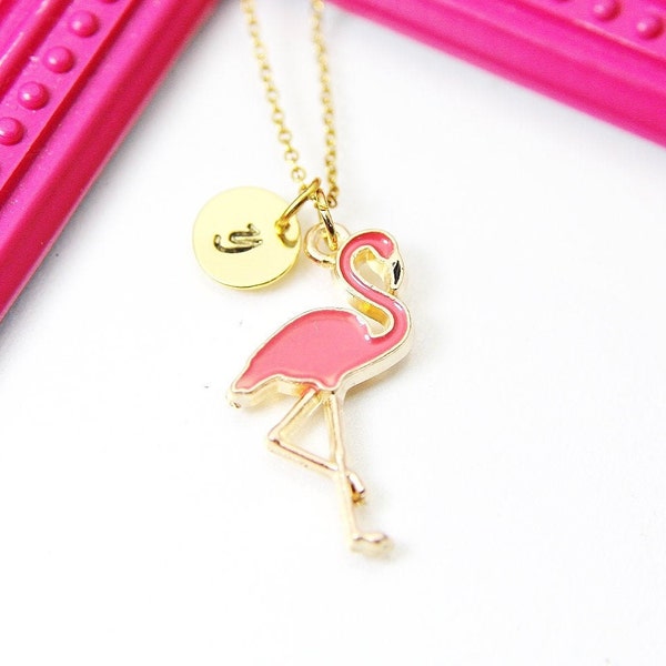 Gold Flamingo Charm Necklace, Flamingo Bird Charm Necklace, Pink Bird Jewelry, Personalized Customized Monogram Initial Necklace, N2678