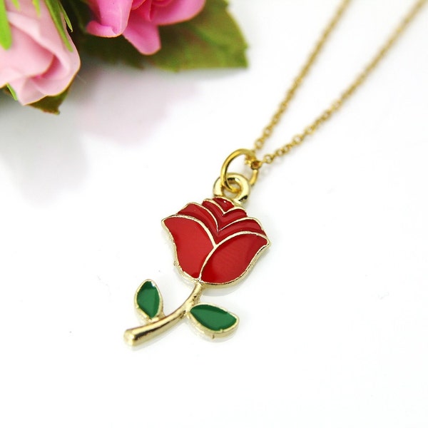 Gold Red Rose Charm Necklace Red Rose Jewelry, Flower Charm, Personalized Gift, Christmas Gift, N608A