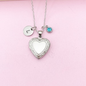 Silver Heart Locket Necklace, Flower Girl Necklace, Love Necklace, Keepsake Photo Frame, Personalized Initial Birthstone Jewelry Gift, N3306