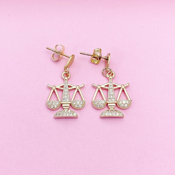 Gold Justice Scale Charm Stud Earrings Lawyer Law School Paralegal Judge Libra Gifts Idea Personalized Made to Order N4112A