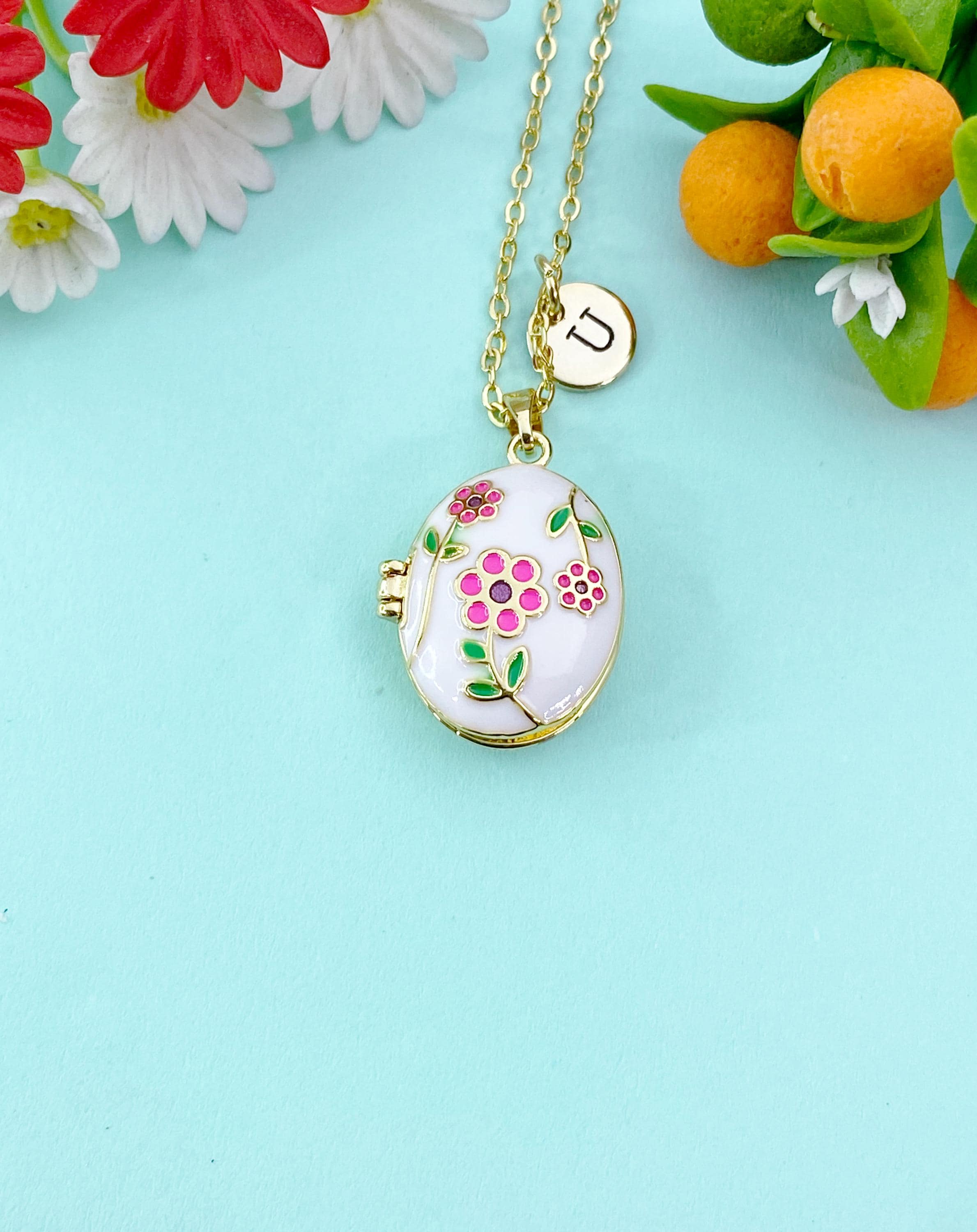 Gold Hot Pink Flower Enamel Locket Oval Pendant Necklace, Keepsake