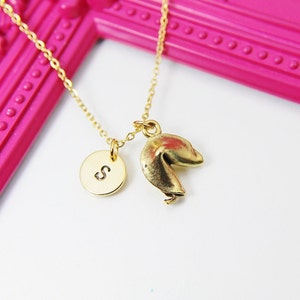 Gold Fortune Cookie Charm Necklace, Fortune Cookie Charm, Luck Fortune Gift, Personalized Customized Monogram, N468