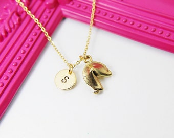Gold Fortune Cookie Charm Necklace, Fortune Cookie Charm, Luck Fortune Gift, Personalized Customized Monogram, N468