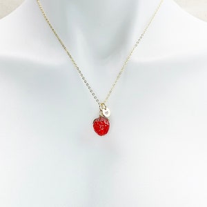 Gold Strawberry Necklace, Handmade Lampwork Strawberry Charm, Personized Initial Necklace, N4983