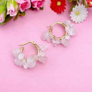 Gold Natural Rose Quartz Wire Wrap Hoop Earrings Gemstone Jewelry, Gifts for Girlfriends, N5321B