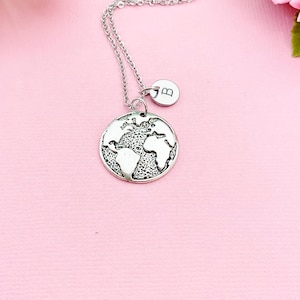 Globe Charm Necklace in Silver, Earth, World, Map, N1775